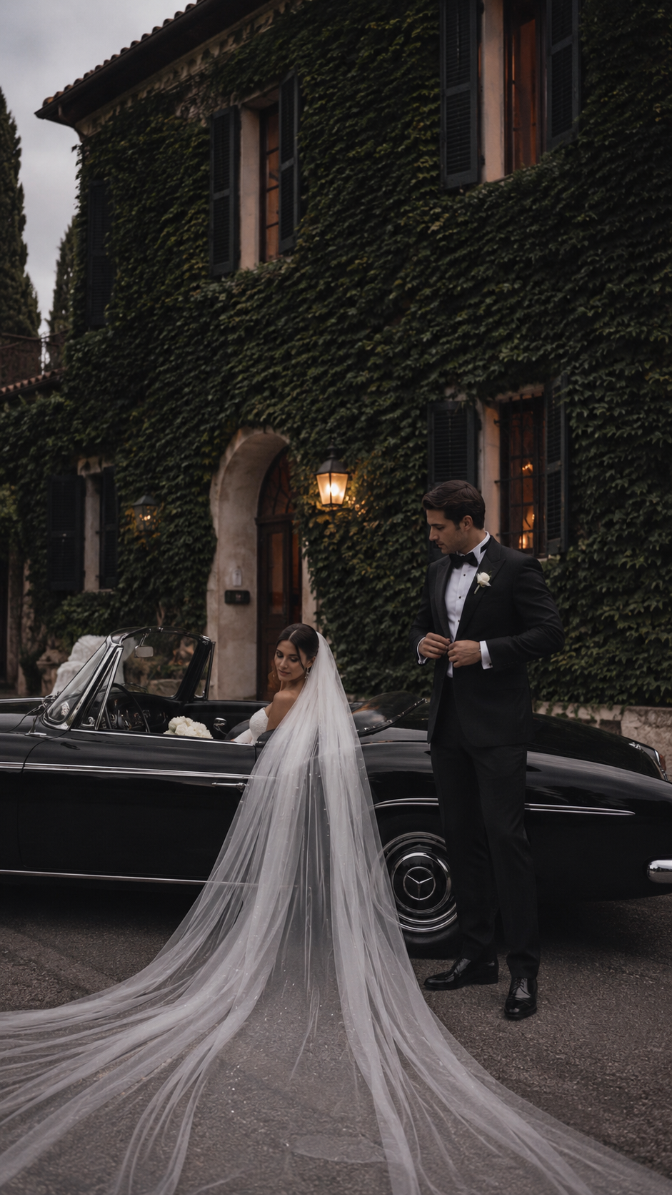 Bride and groom beside a vintage car outside an ivy-covered venue