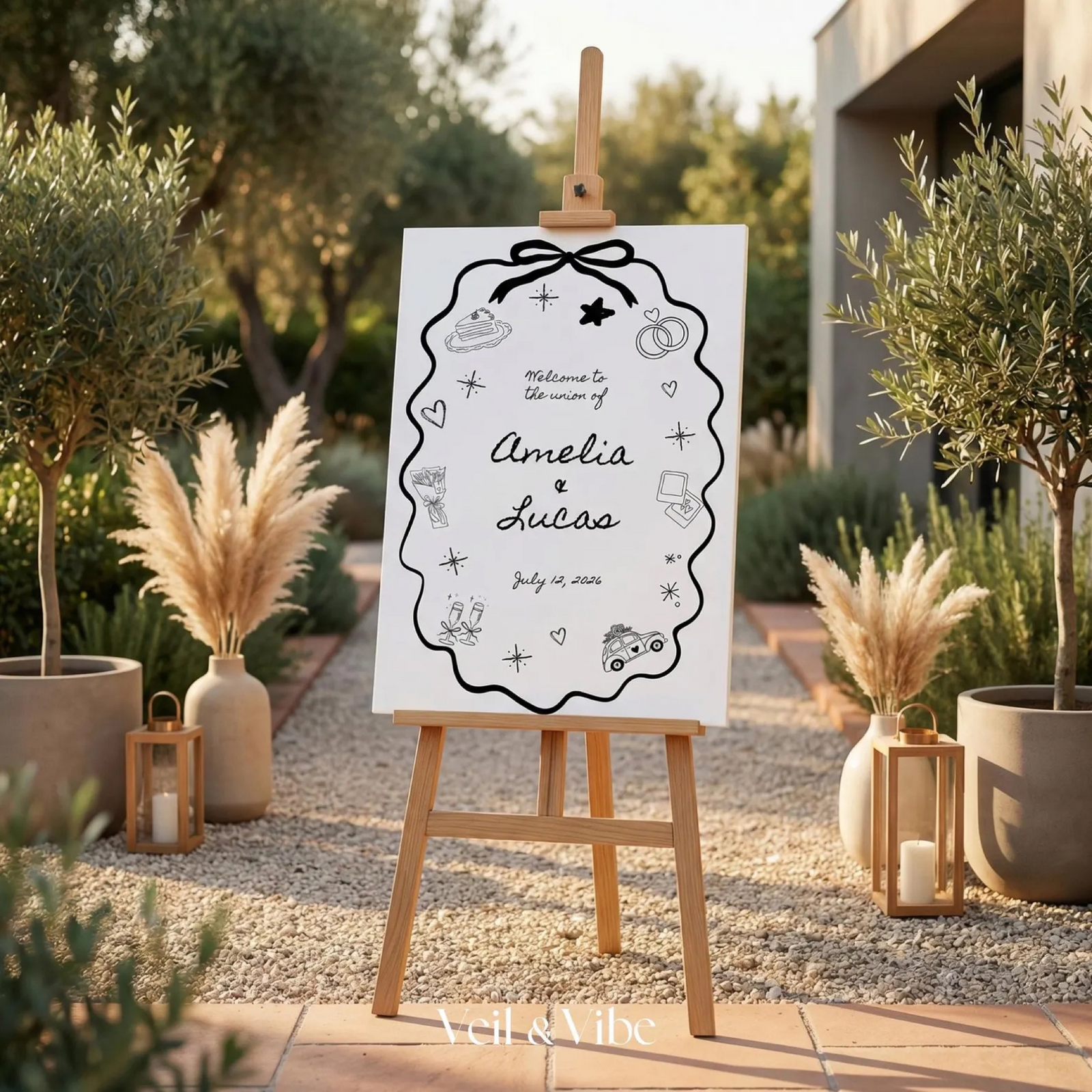 Backyard engagement party setup with string lights and outdoor seating