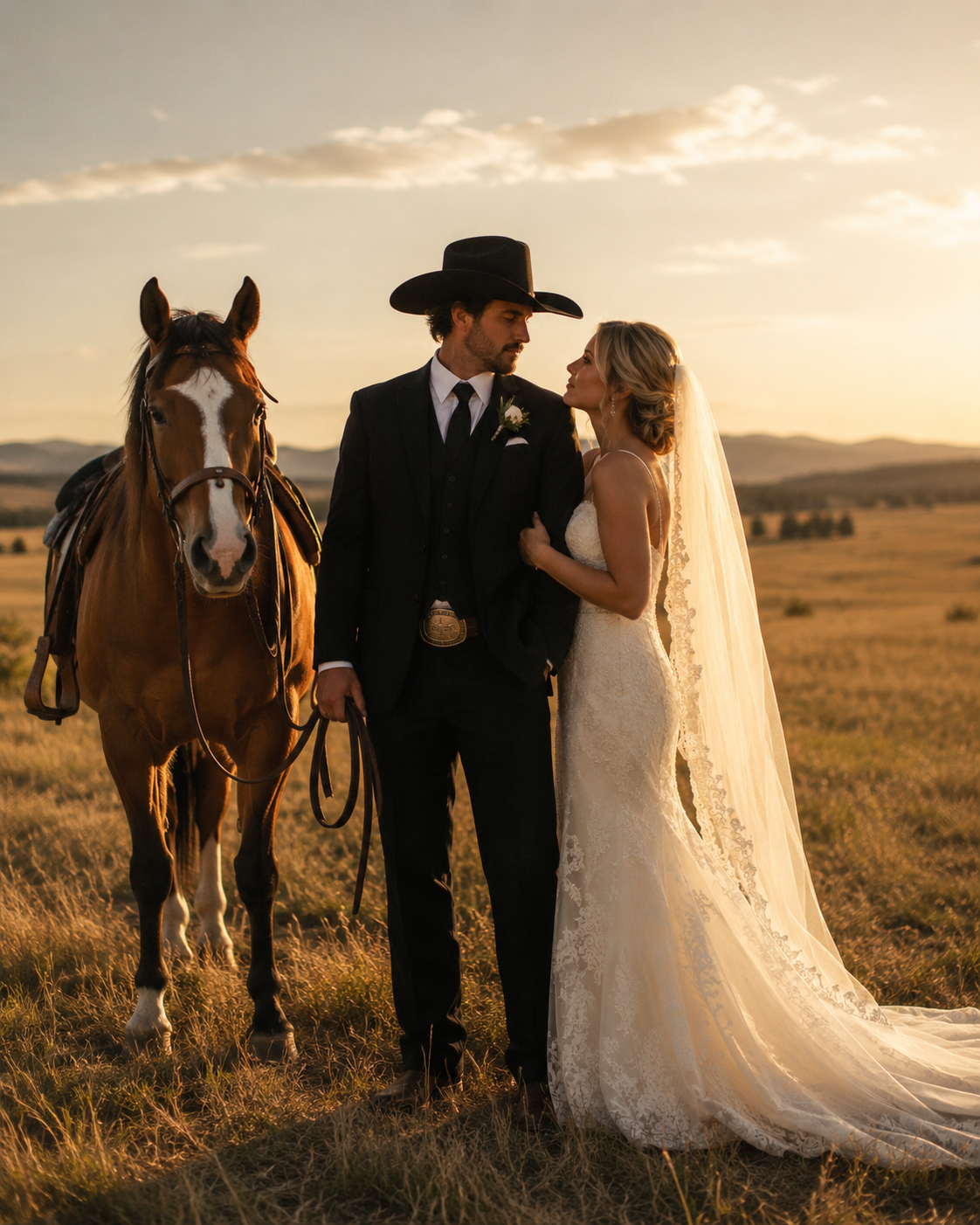 Bride and groom in western wear with a horse at golden hour