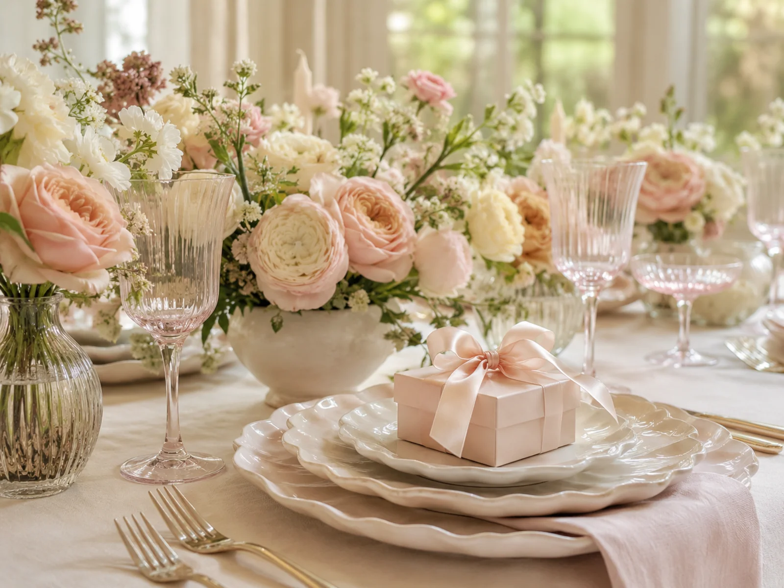 Pastel bridal shower tablescape with blush florals and a ribbon-tied favor box