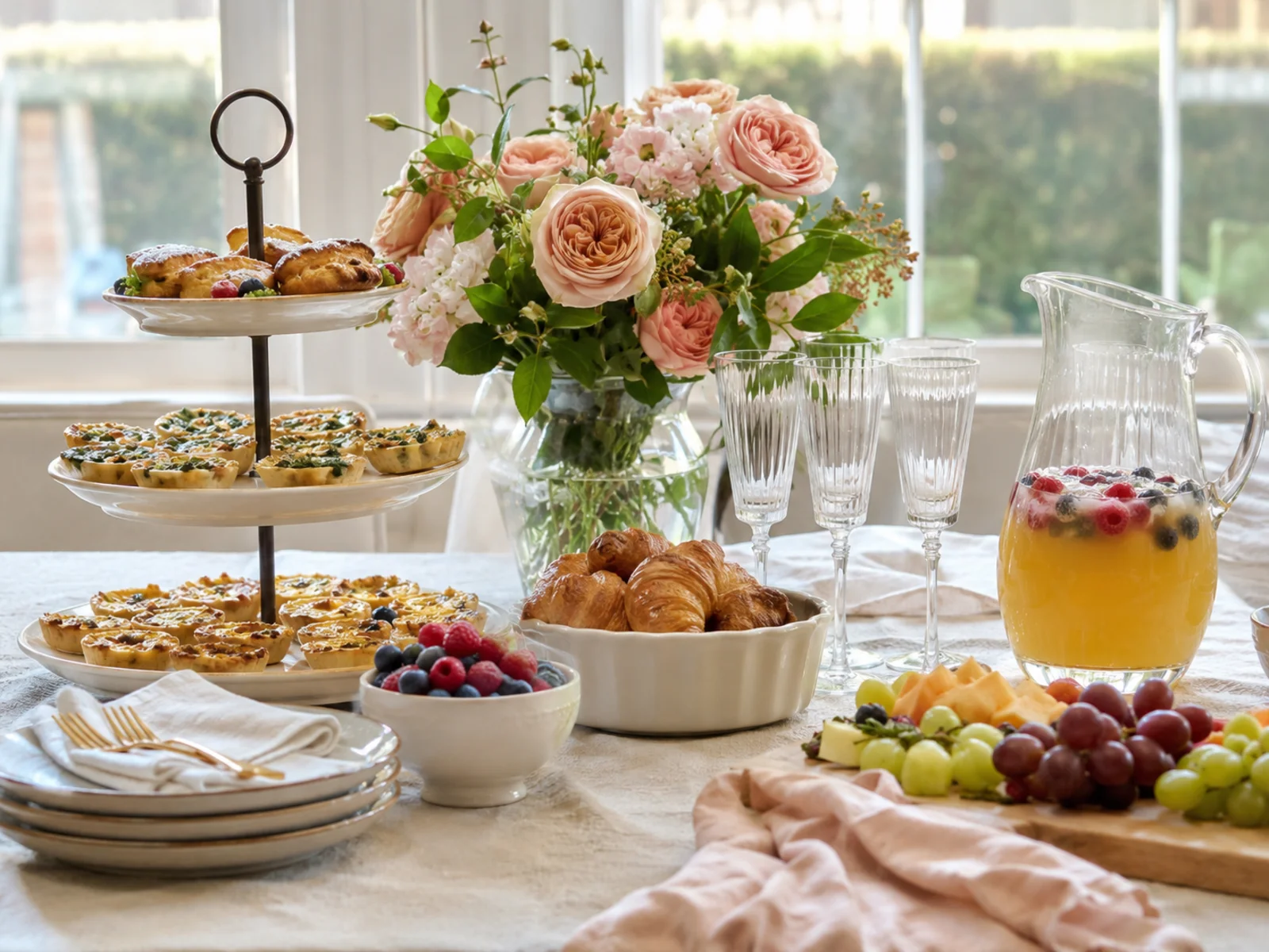 Bridal shower brunch spread with a pastry stand, mimosas, and pink garden roses