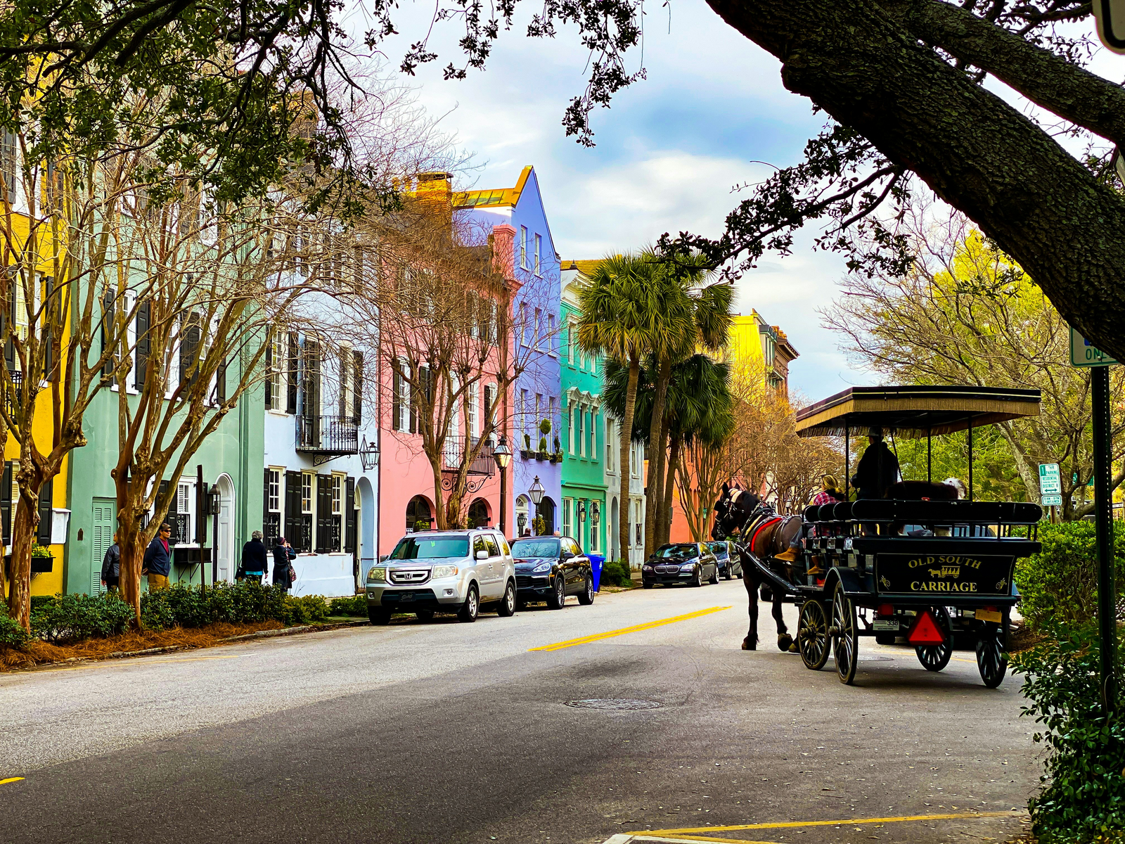 Colorful historic row houses on a Charleston street with a horse-drawn carriage