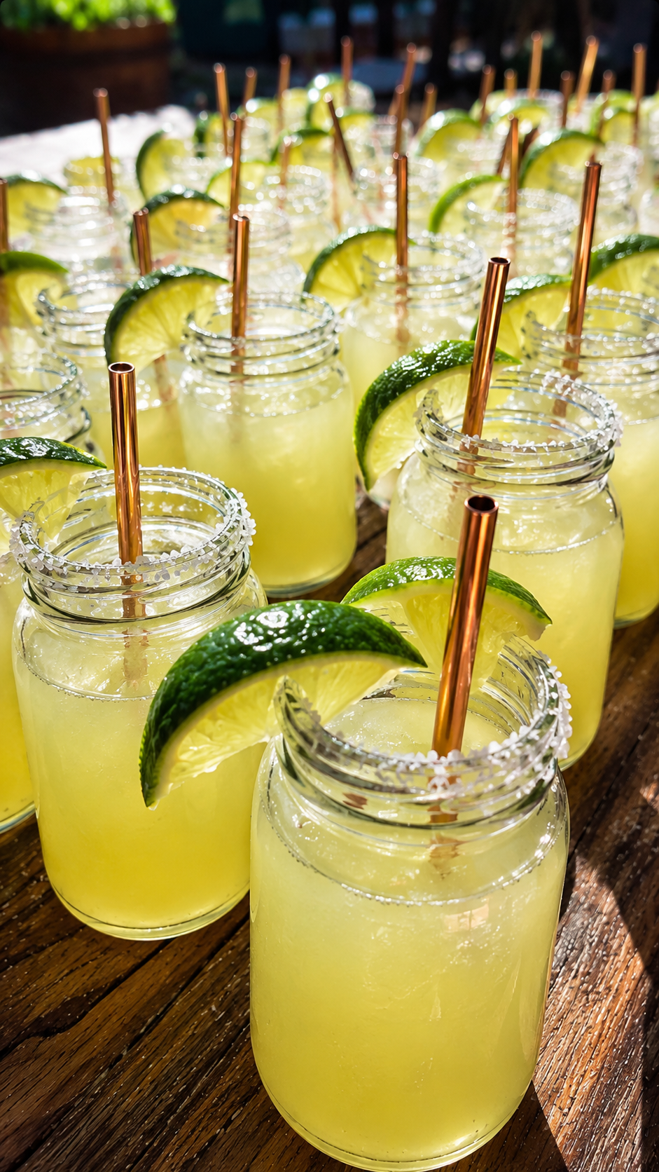 Row of margaritas in mason jars with lime garnish at a bachelorette party