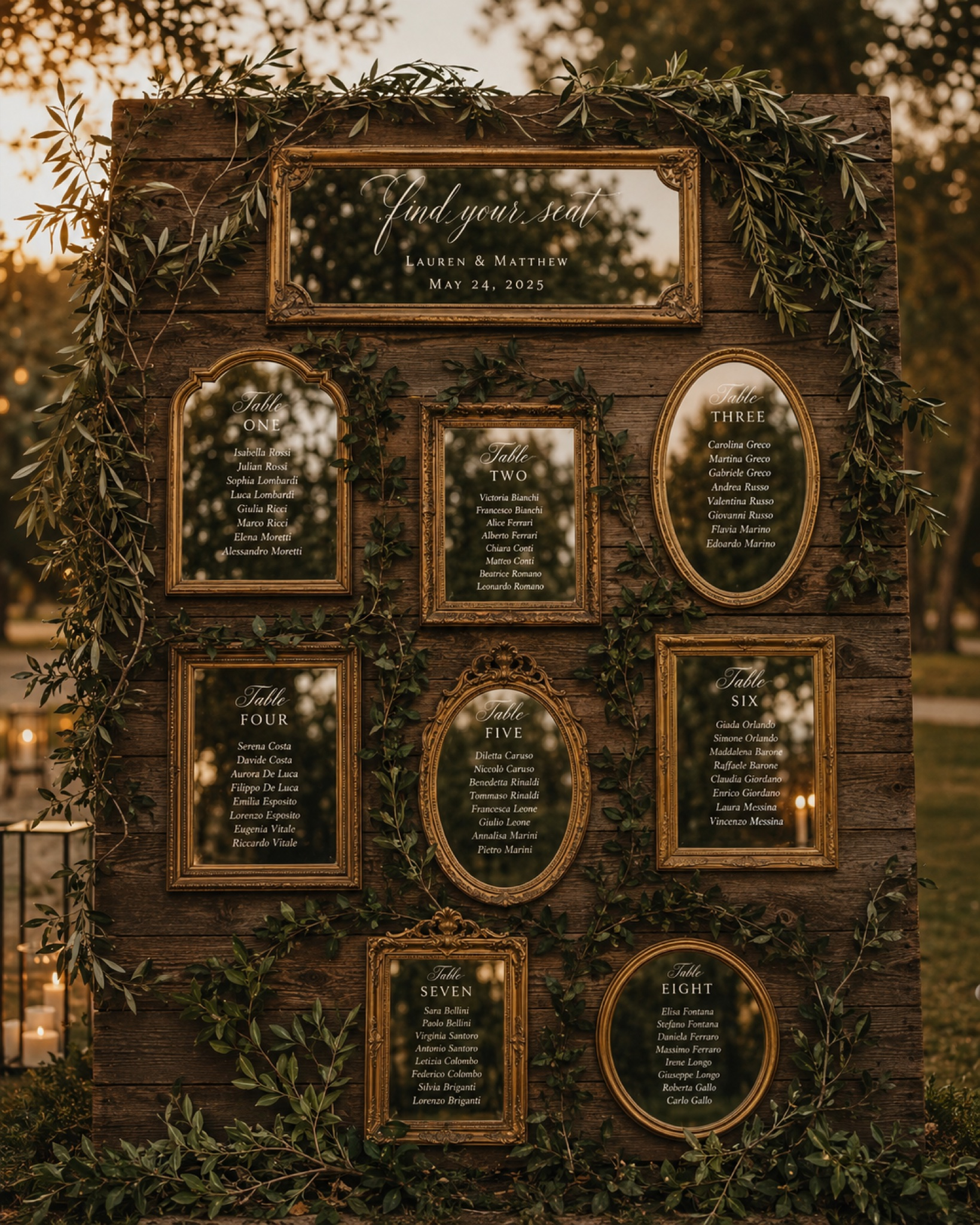 Framed seating chart display with table assignments at a wedding reception