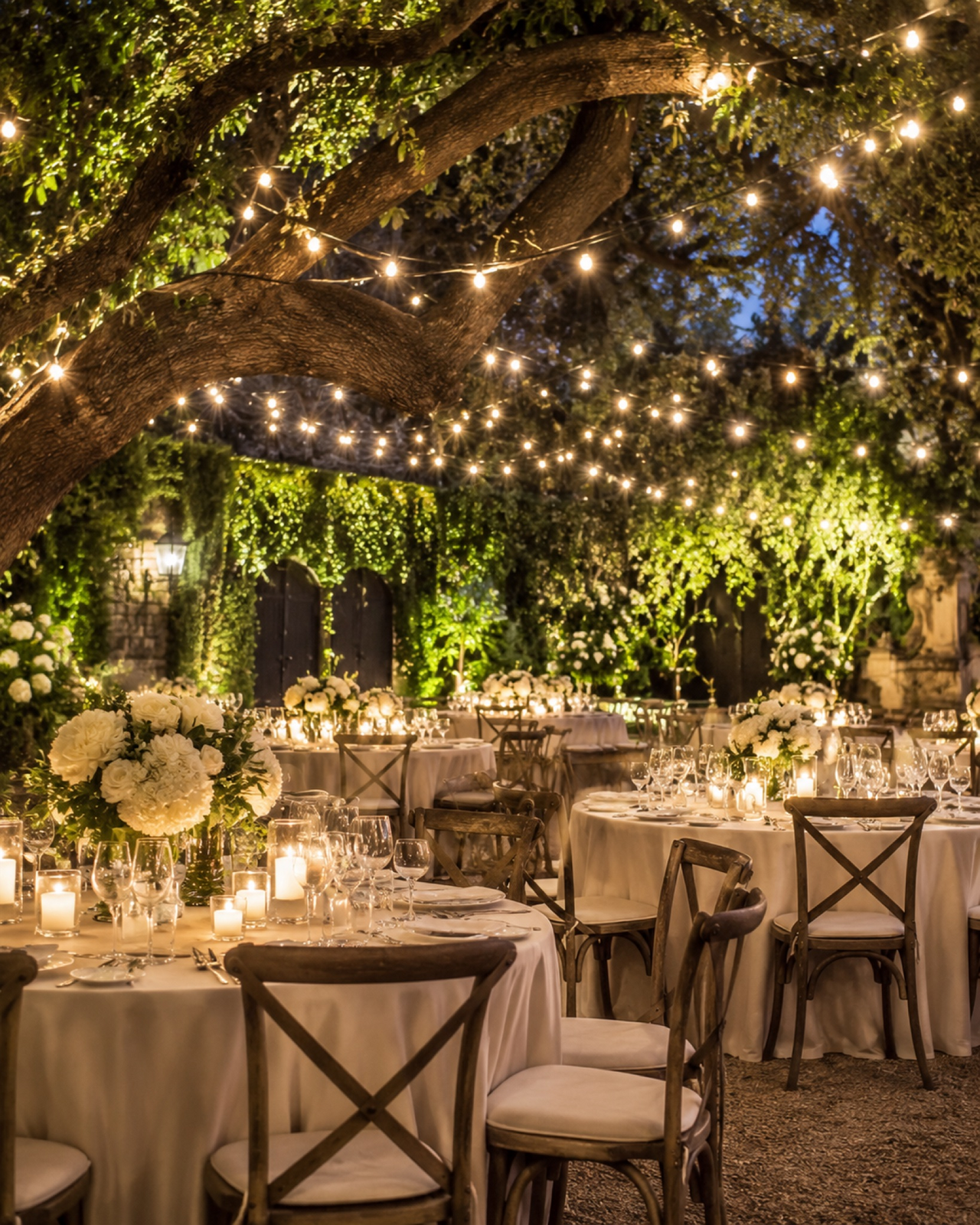 Intimate garden wedding setting with a small guest gathering