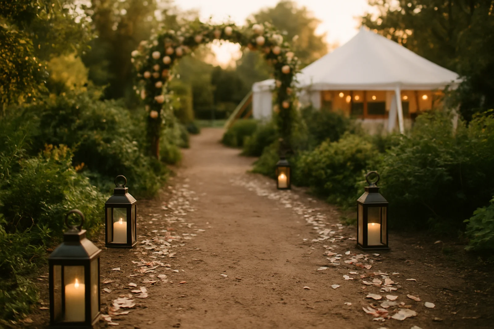 Garden pathway lined with lanterns leading toward a reception tent