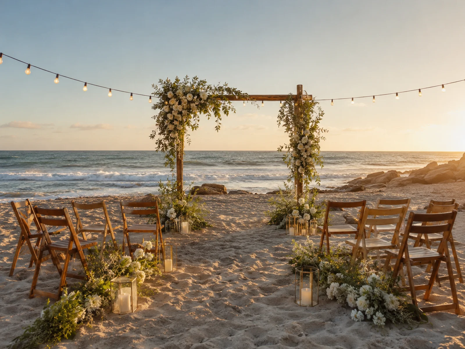 Intimate golden-hour beachfront wedding ceremony with a handful of wooden chairs and a floral arch