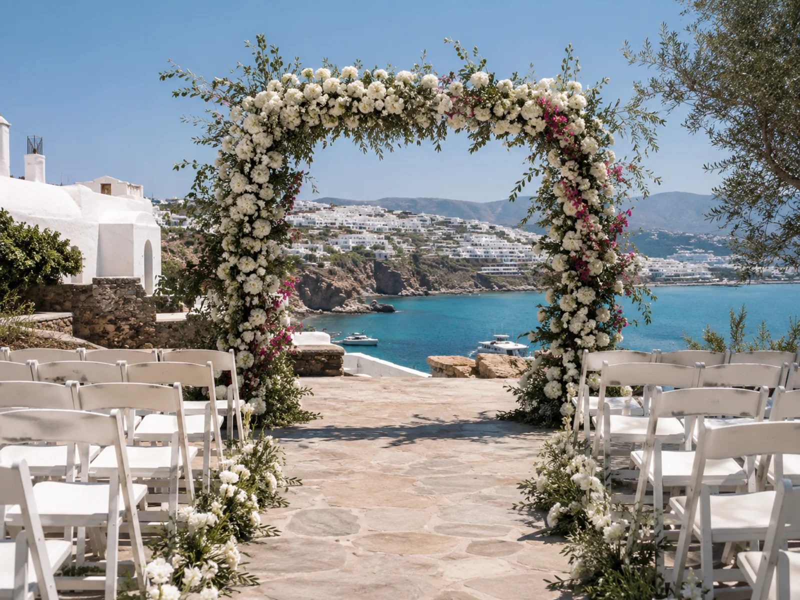 Mediterranean cliffside wedding ceremony arch overlooking turquoise water