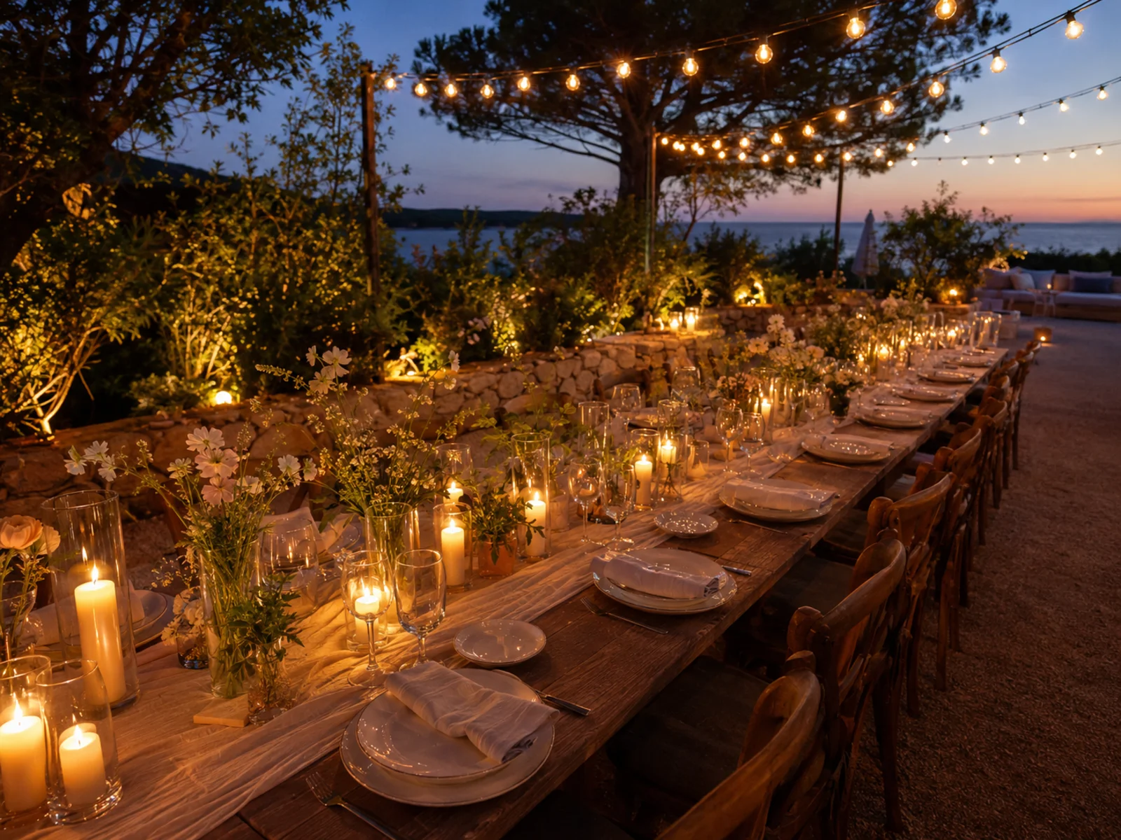 Destination wedding welcome dinner set at a long outdoor table at dusk