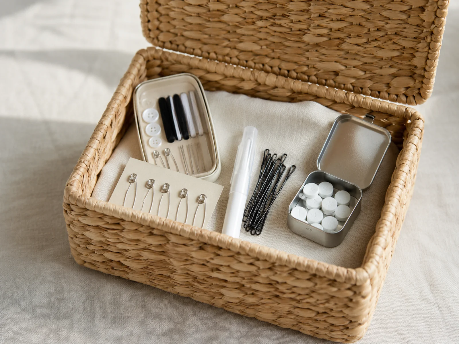 Open wedding-day emergency kit basket with sewing kit and safety pins
