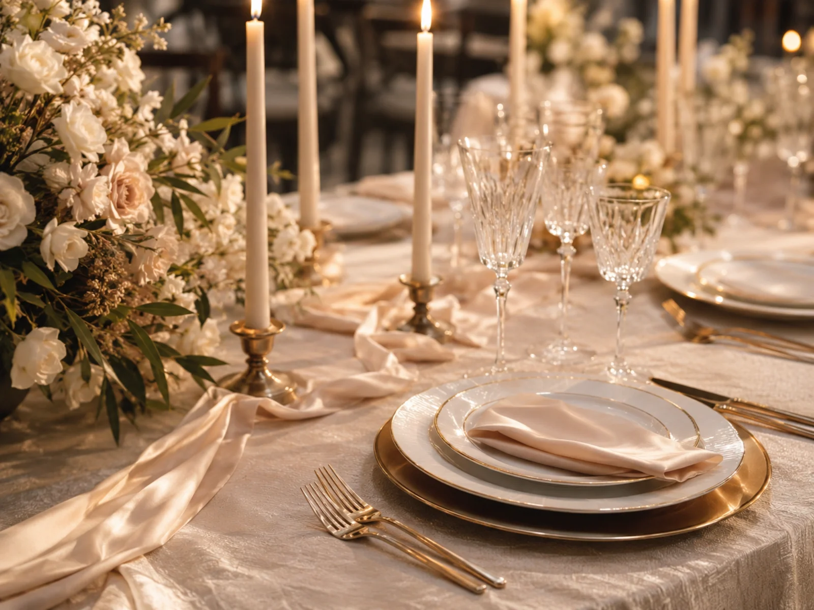 Wedding decor detail shot with candles, ribbon, and place settings