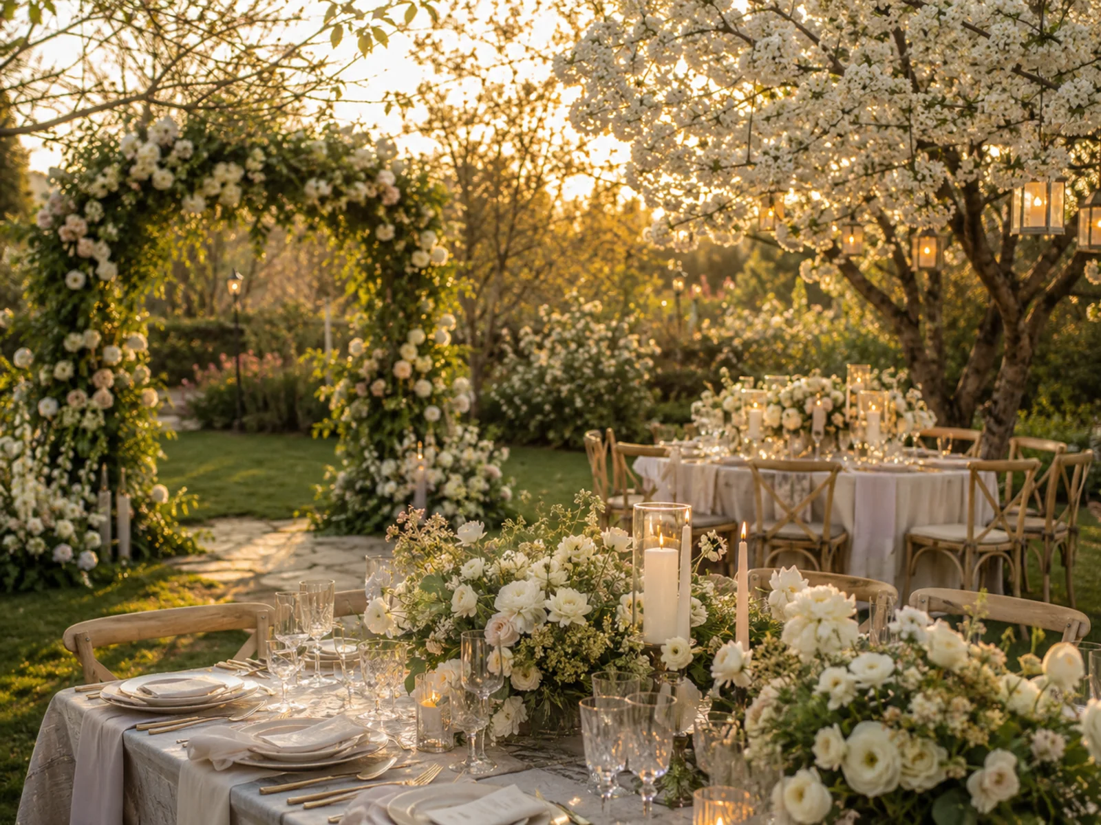 Golden-hour spring wedding reception under blossoming trees with a floral ceremony arch