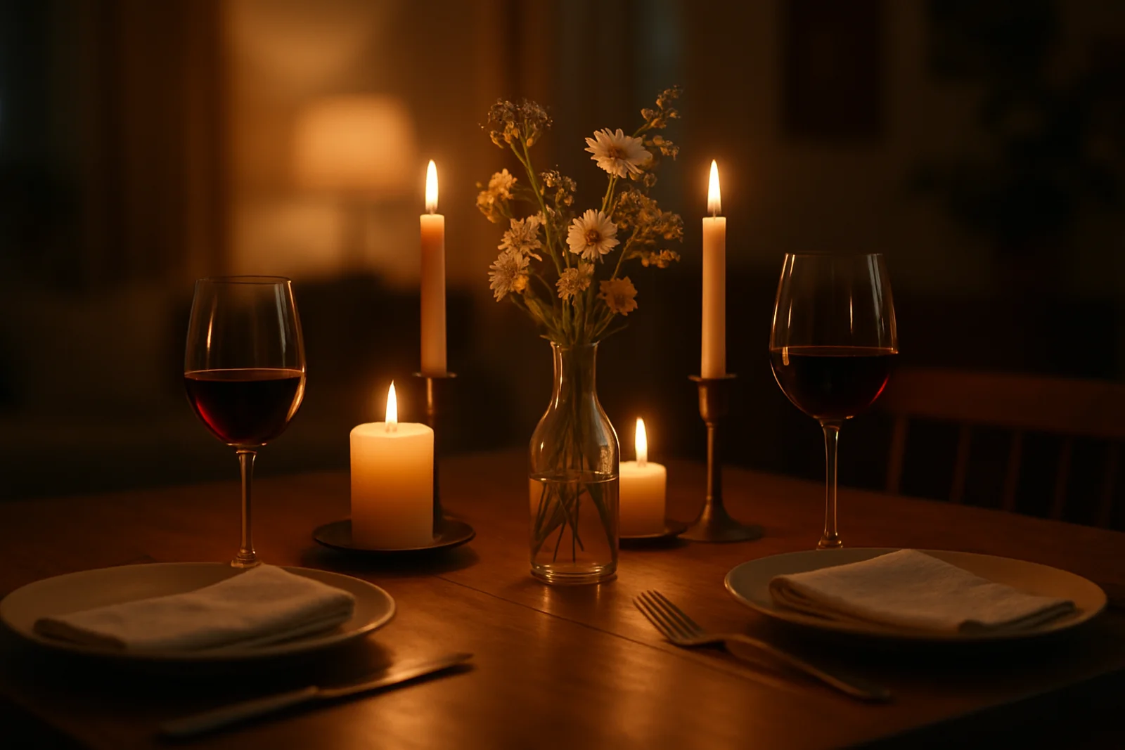 Candlelit dinner table set for two, away from any wedding planning materials