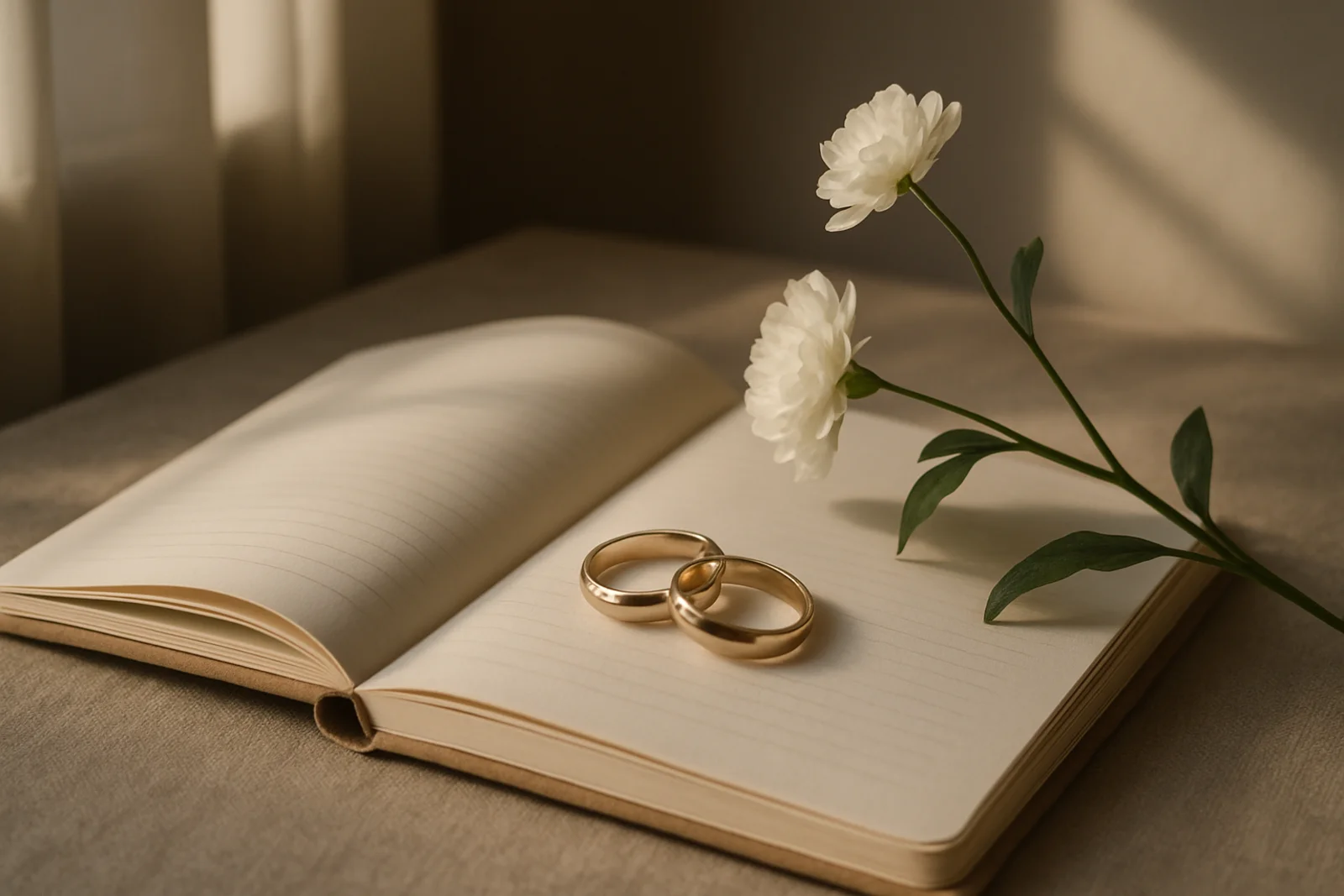 Two wedding rings resting on an open journal beside a single white flower