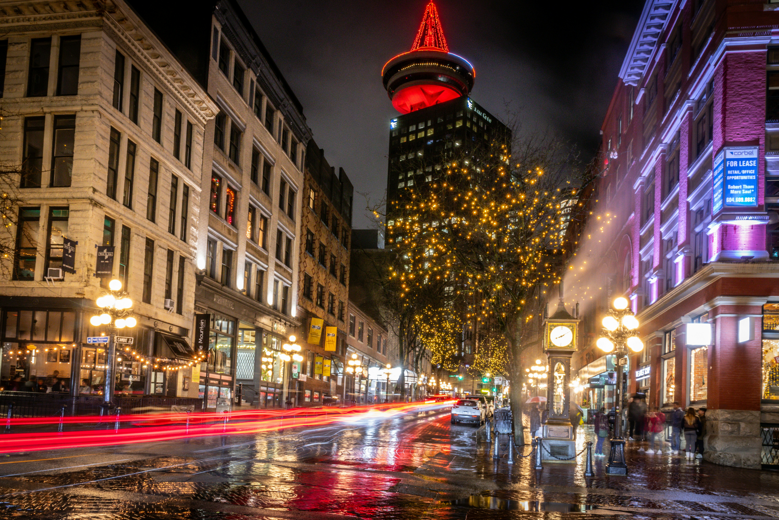 Gastown Vancouver at night with historic architecture and string lights
