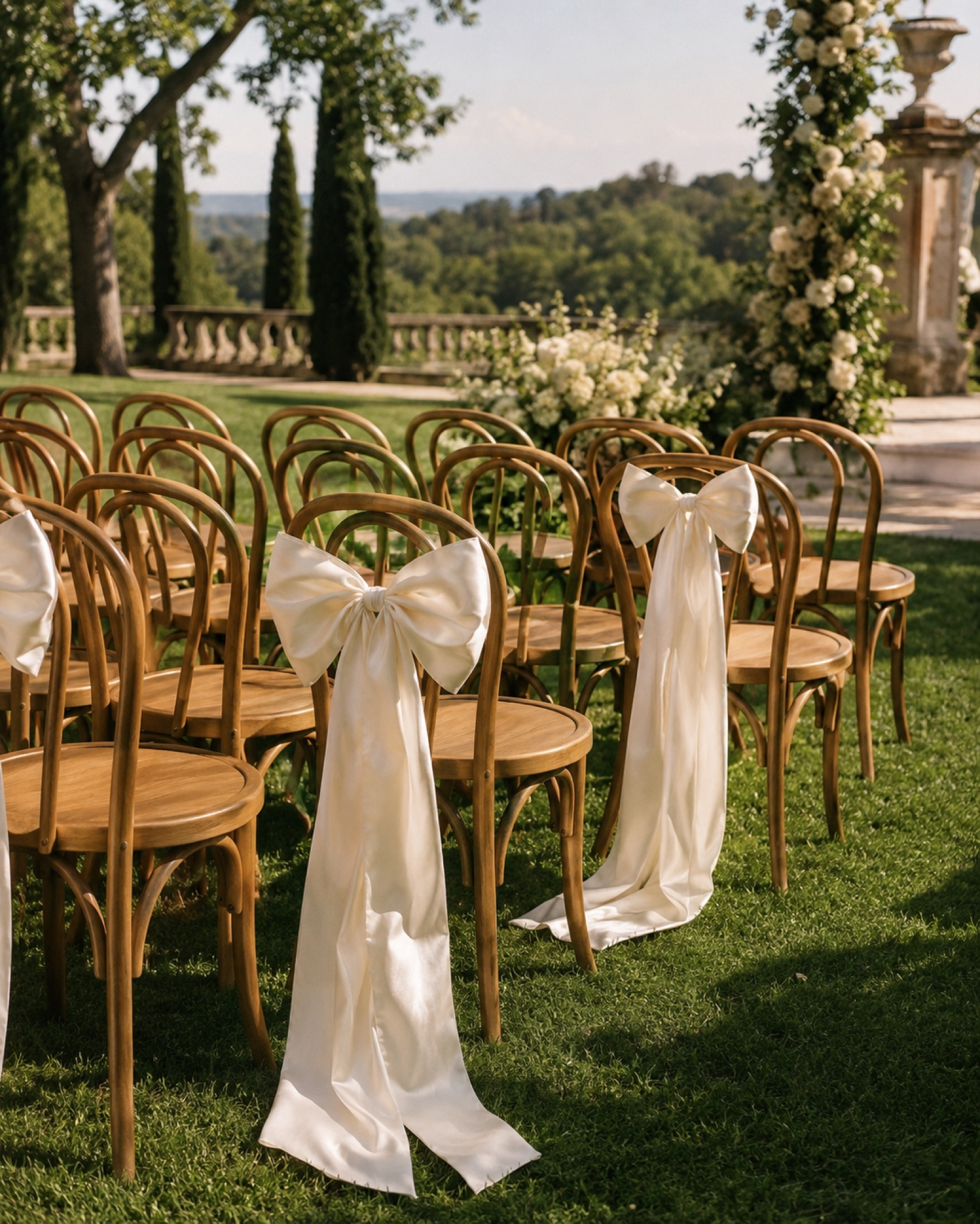 Rows of wooden ceremony chairs with white bows overlooking a valley
