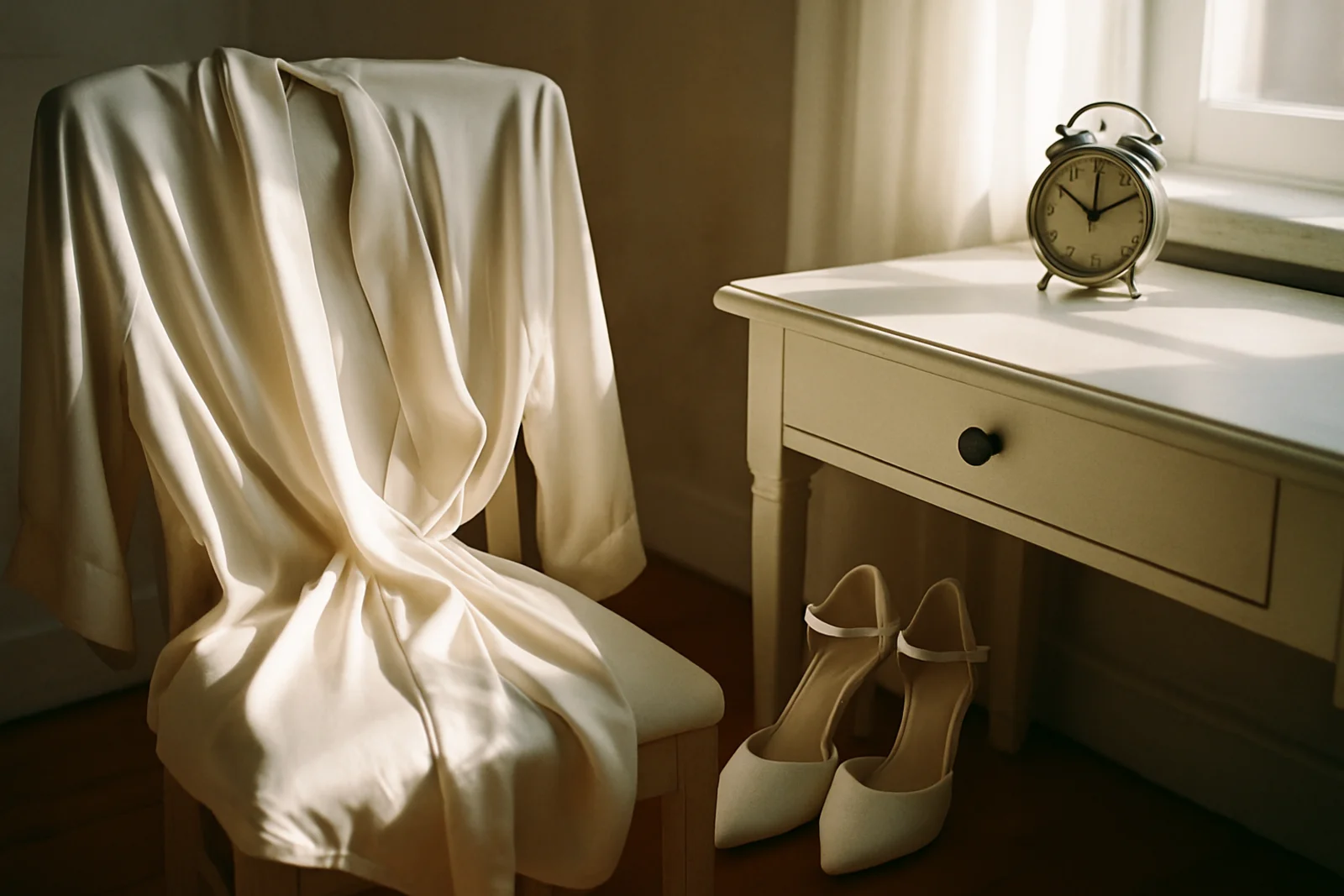 Getting-ready flatlay with a silk robe, wedding shoes, and a small clock