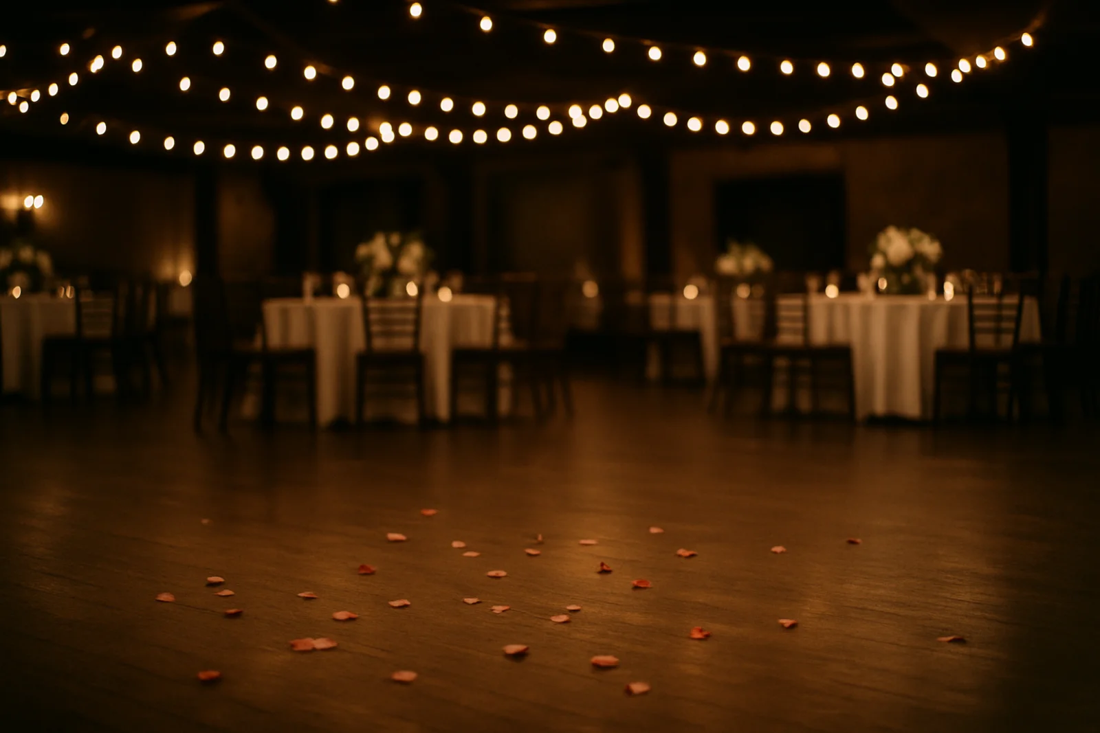 Empty wedding reception dance floor strung with warm string lights