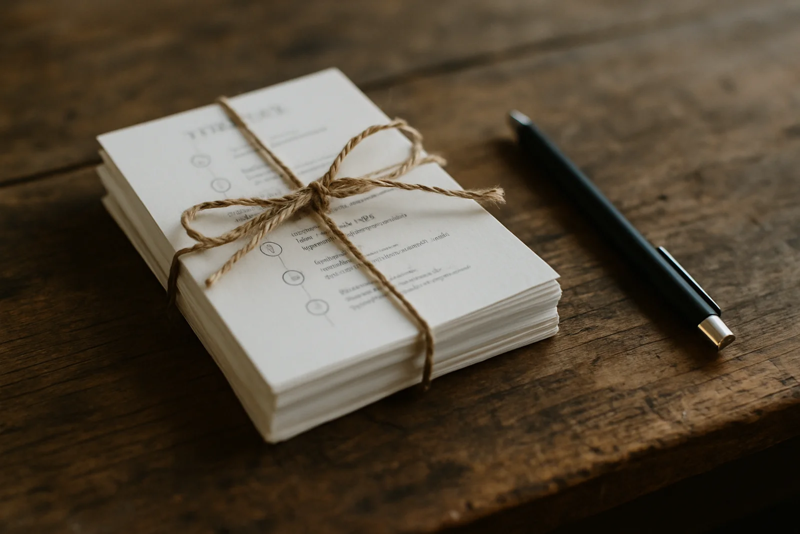 Stack of printed timeline cards tied with twine on a rustic wooden table
