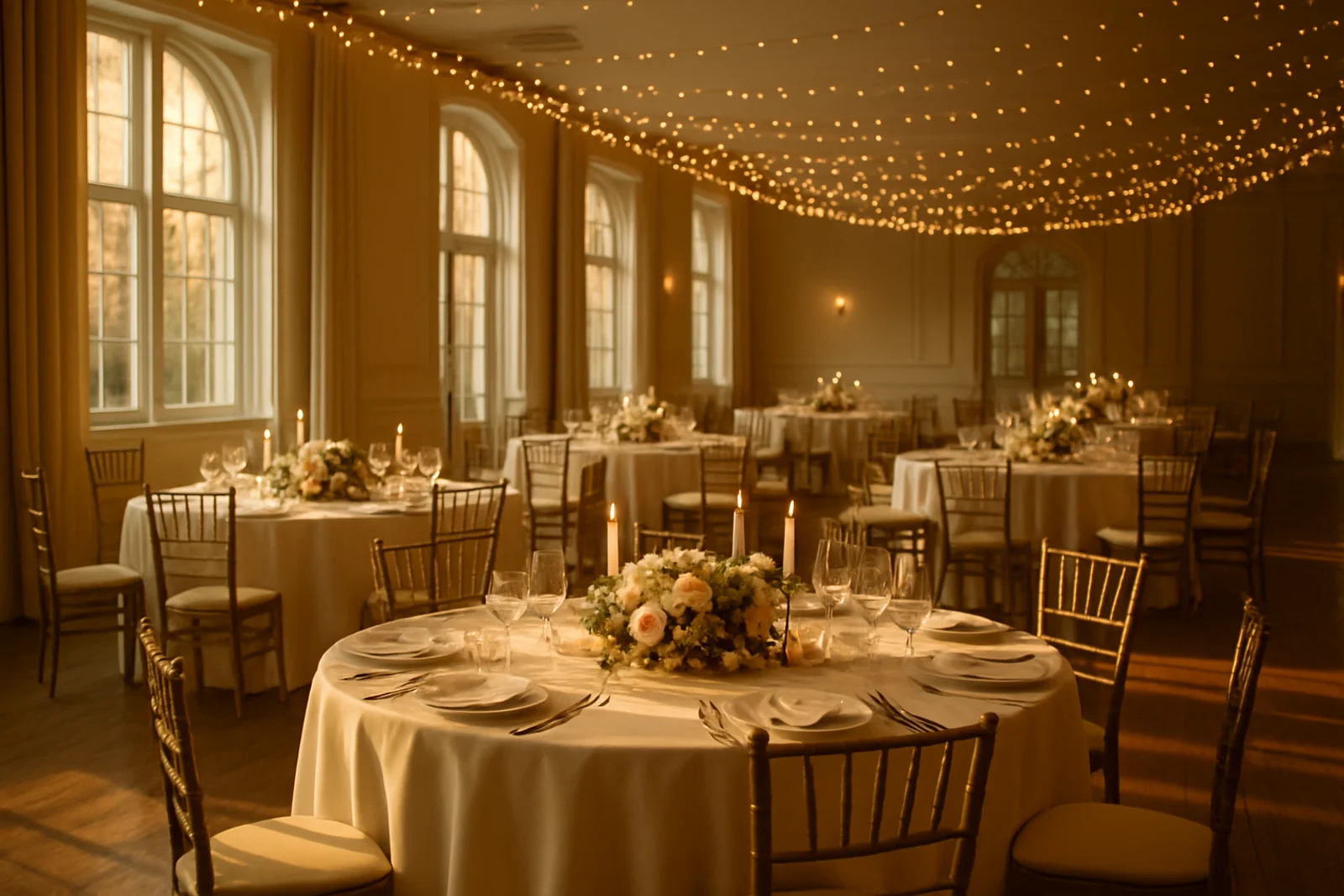 Fully decorated, empty wedding reception room set with candlelit tables before guests arrive