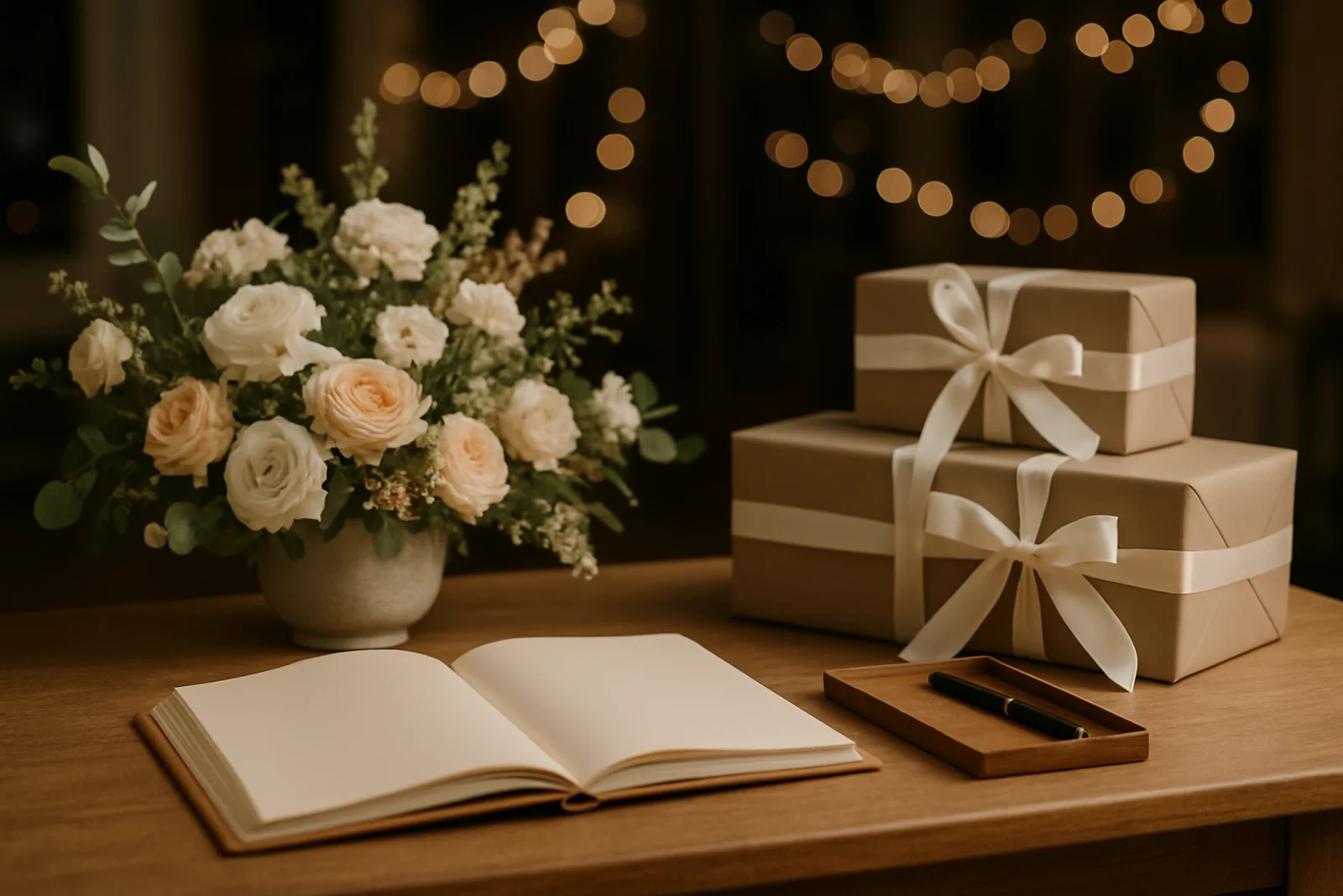 Guest book and gift table styled with wrapped gifts and a small floral arrangement