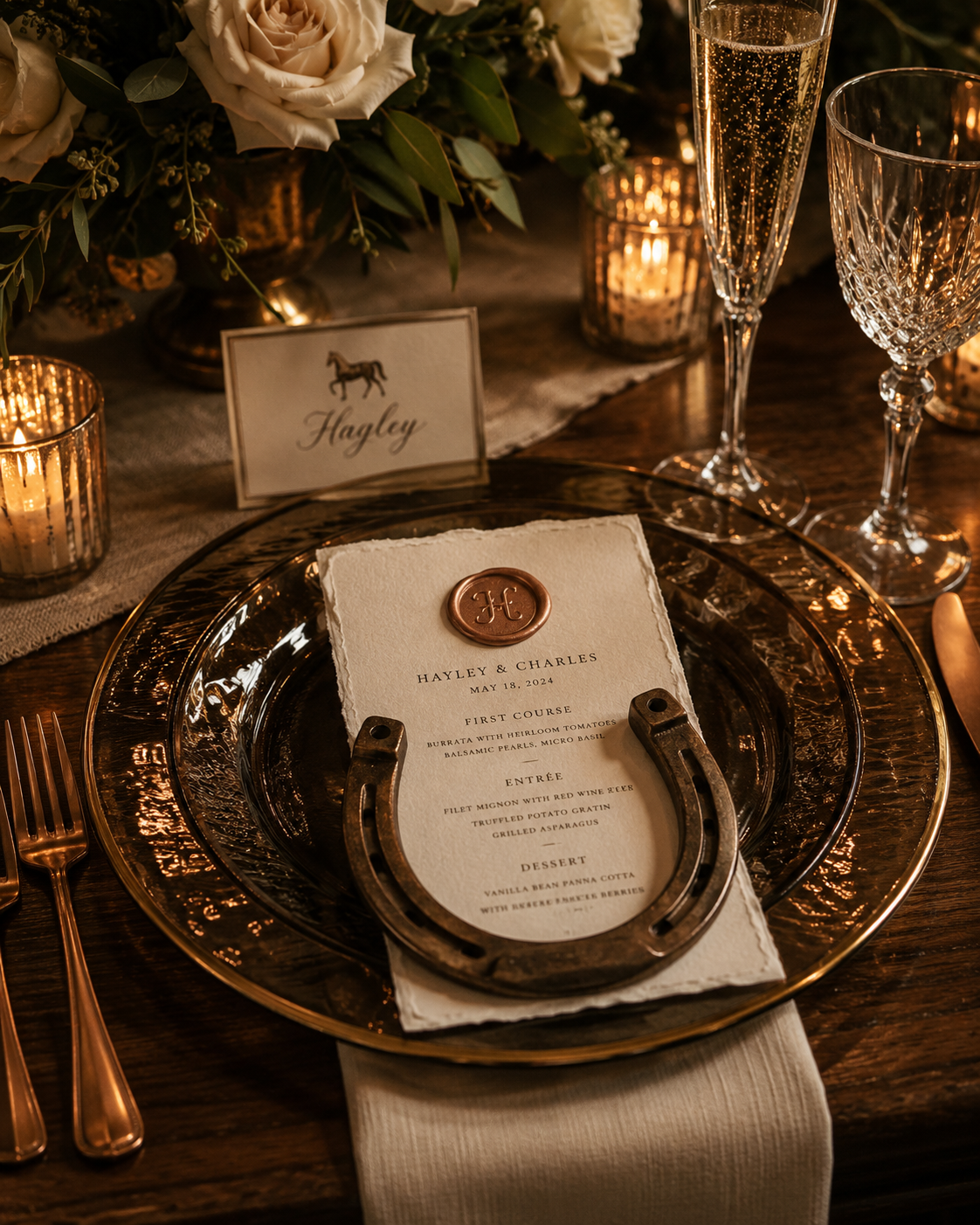 Elegant place setting with champagne glasses and candlelight