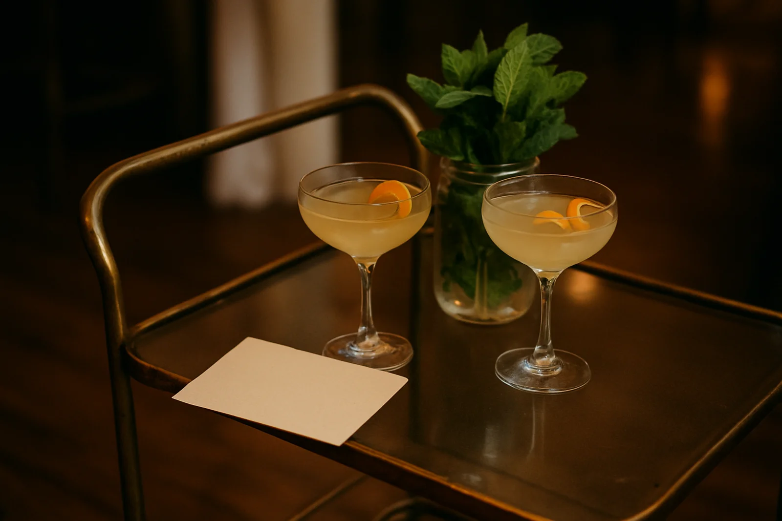 Small styled bar cart with two signature cocktails garnished with citrus twists