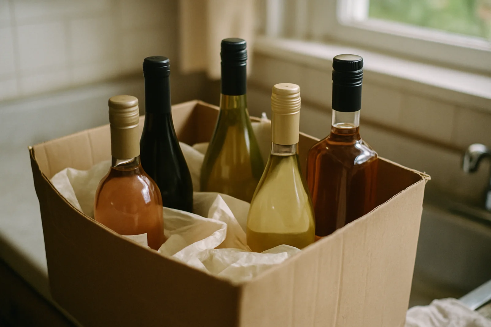 Unopened wine and liquor bottles boxed up in a cardboard crate