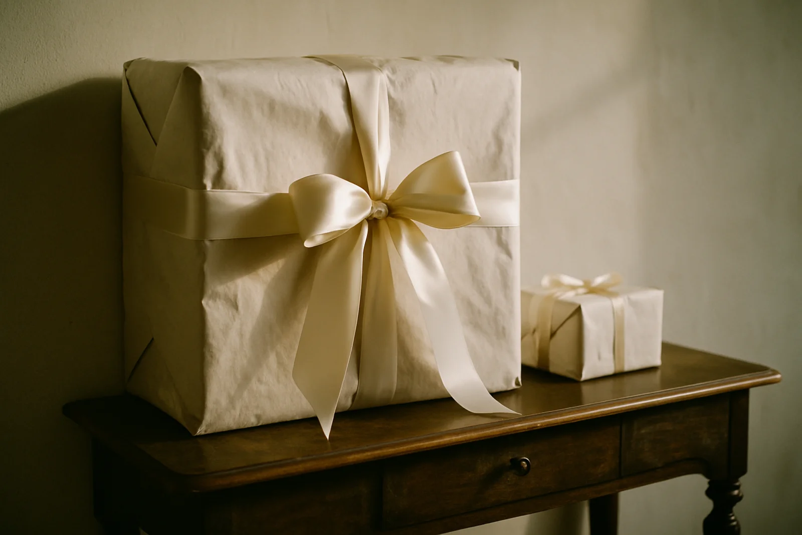 Large wrapped gift box tied with a wide ribbon beside a smaller gift for scale