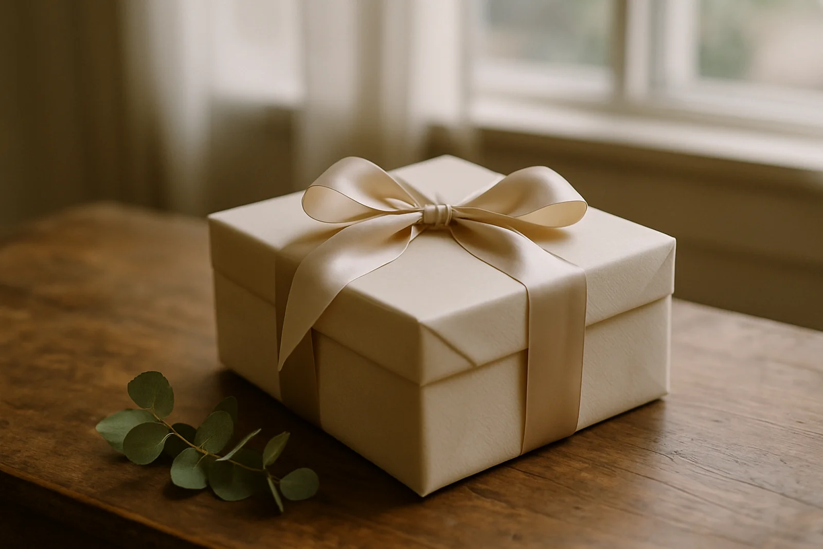 Elegantly wrapped wedding gift with ribbon on a table
