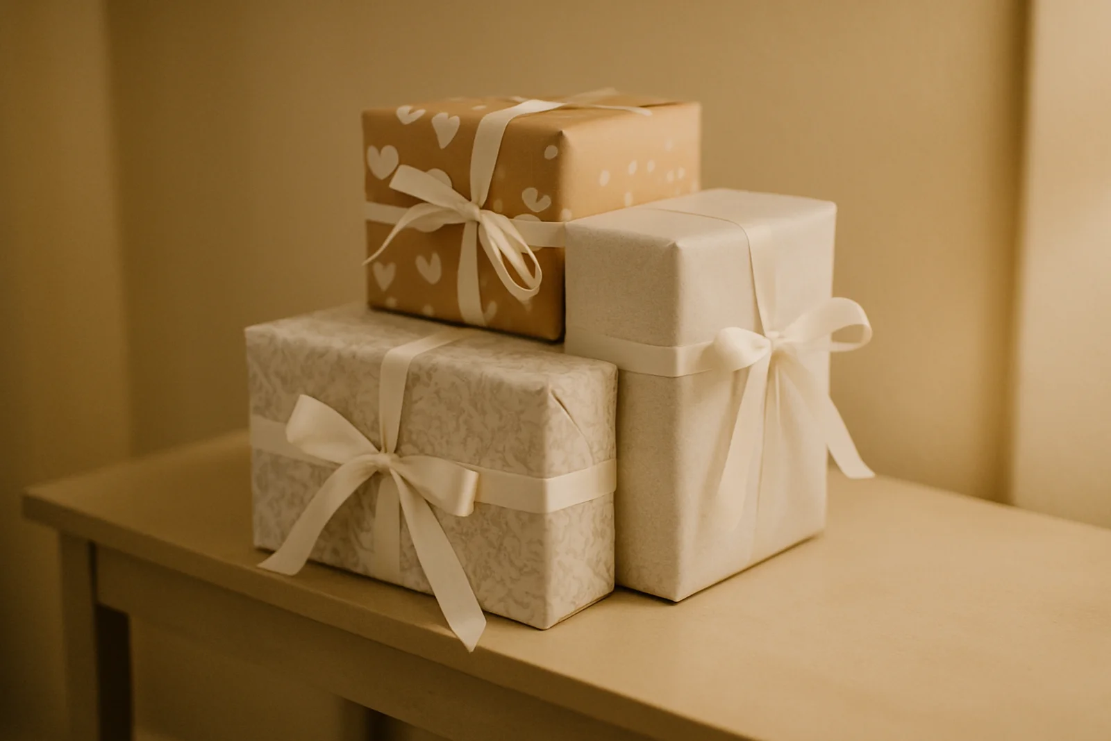 Three wrapped gifts of varying sizes stacked on a console table