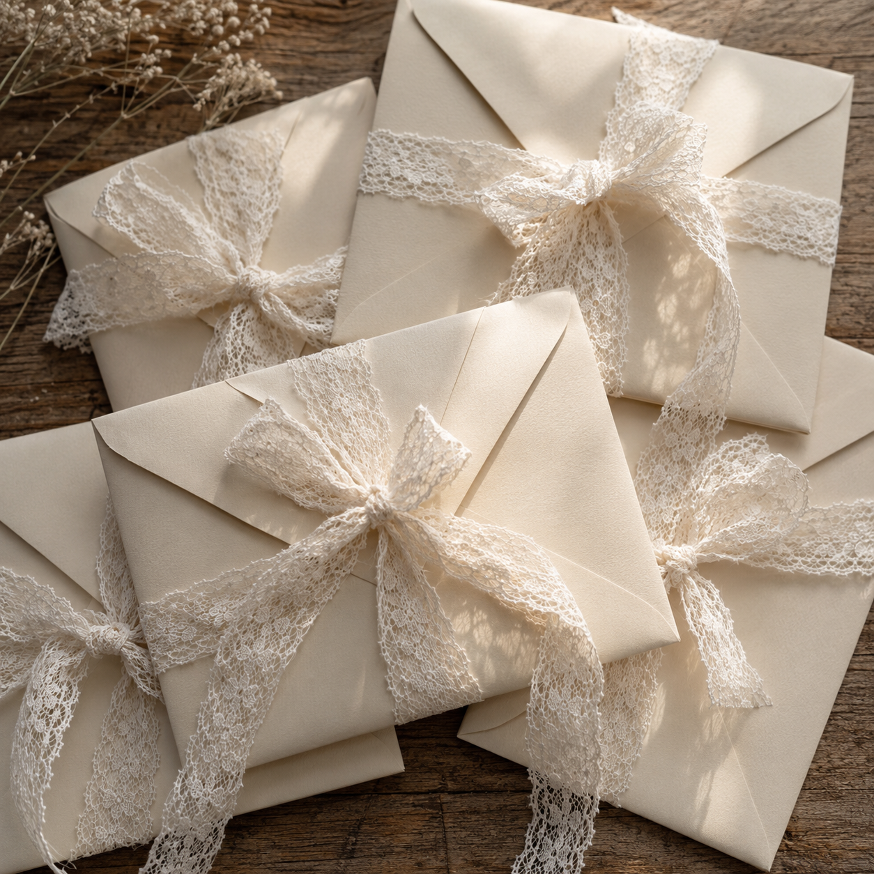 Cream envelopes tied with lace ribbon on a wooden table