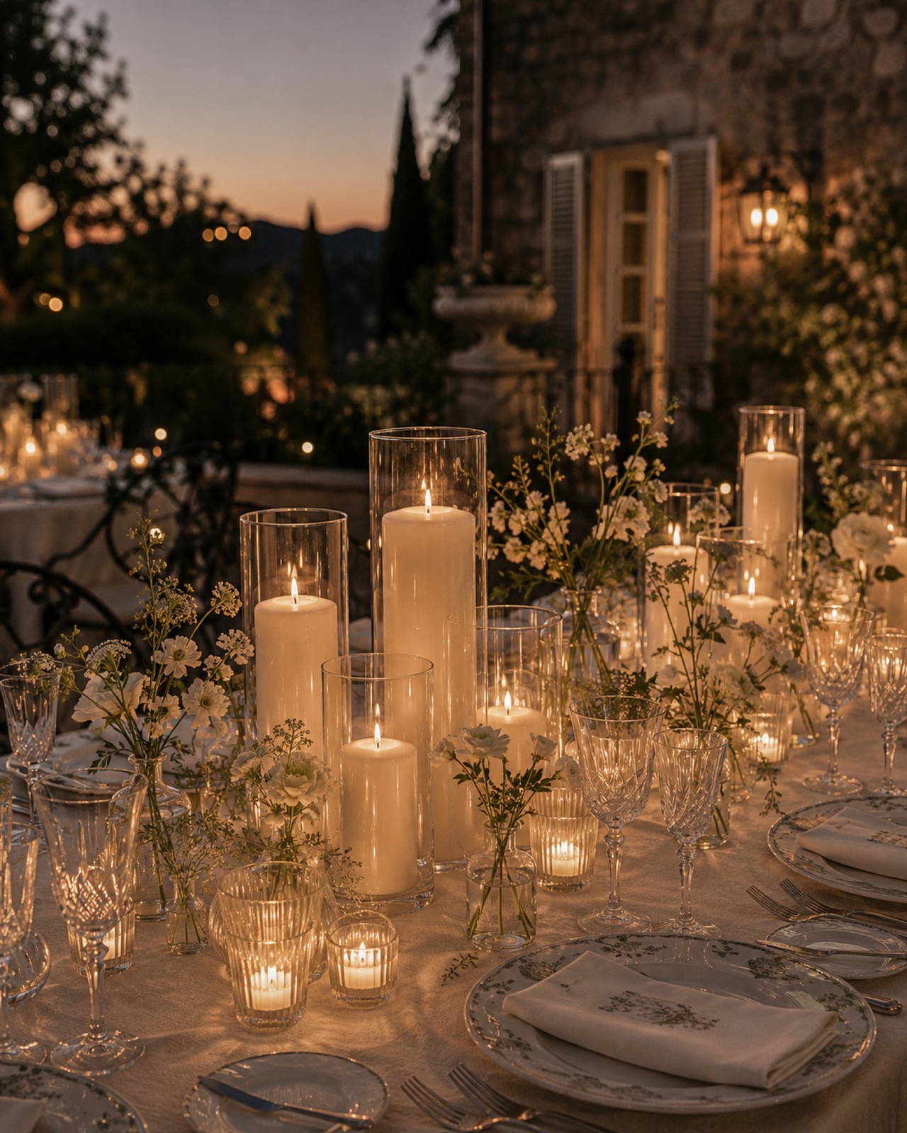Elegant reception tablescape with candles and floral centerpiece