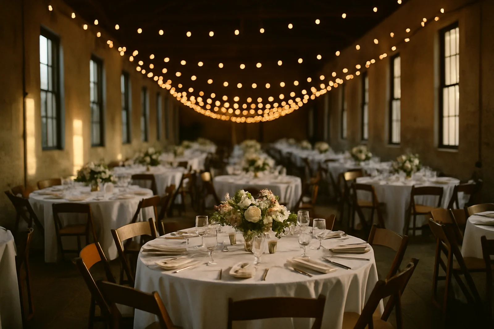 Long wedding reception hall with rows of round tables dressed in white linen