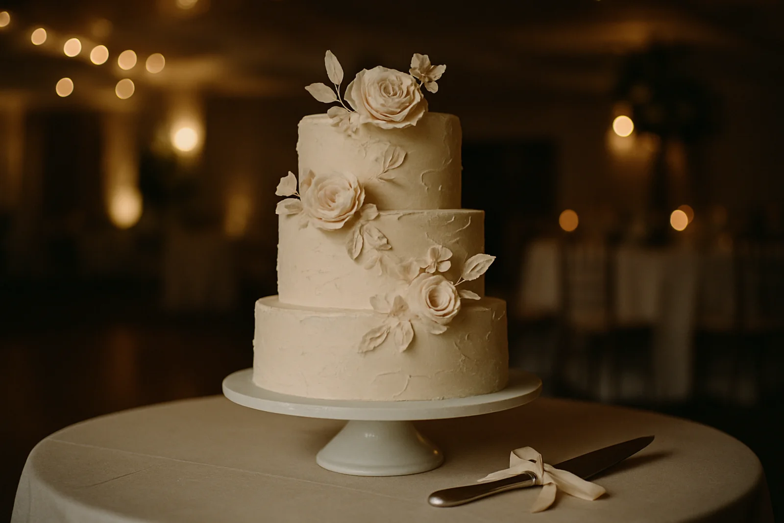 Three-tier wedding cake on a pedestal stand decorated with sugar flowers