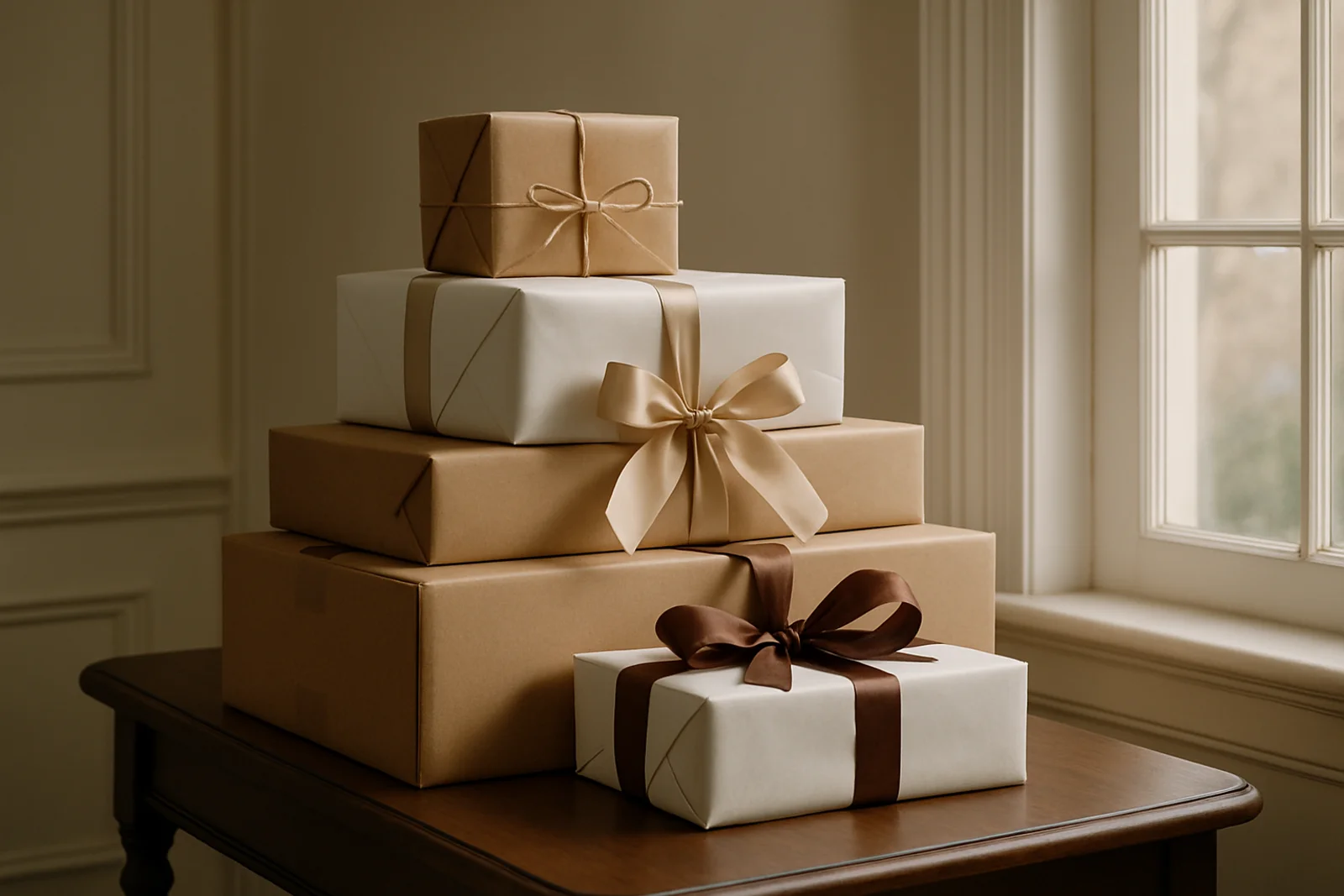 Stack of wrapped gift boxes and parcels from several retailers on an entryway console table