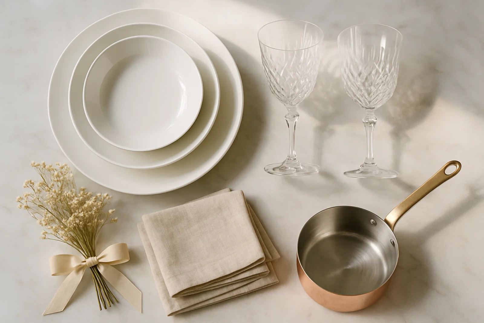 Wedding registry flatlay with kitchenware and home essentials