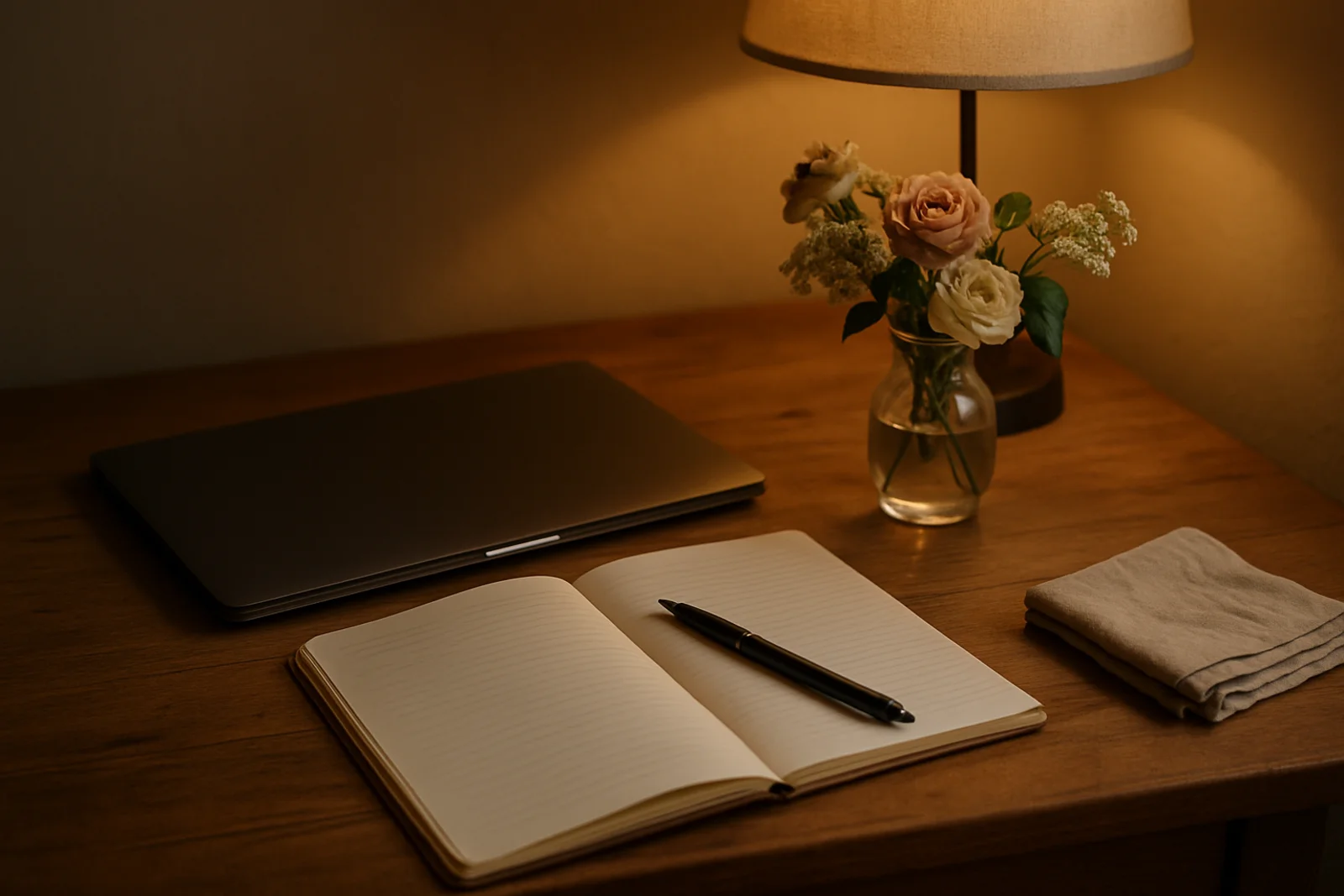 Closed laptop beside an open notebook and a small vase of flowers on a wooden desk