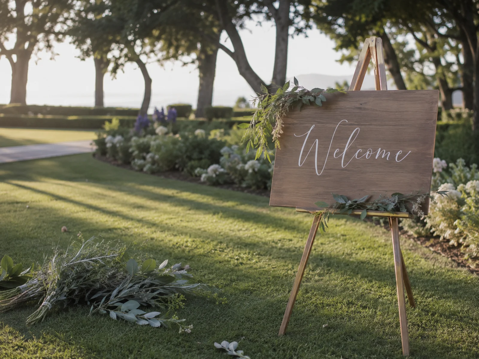 Wooden easel being set up outdoors holding a finished wedding welcome sign