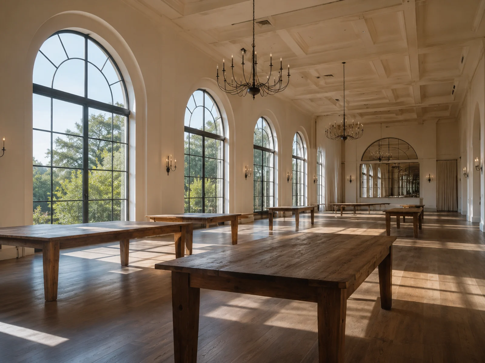Empty elegant wedding reception ballroom mid-tour with afternoon light