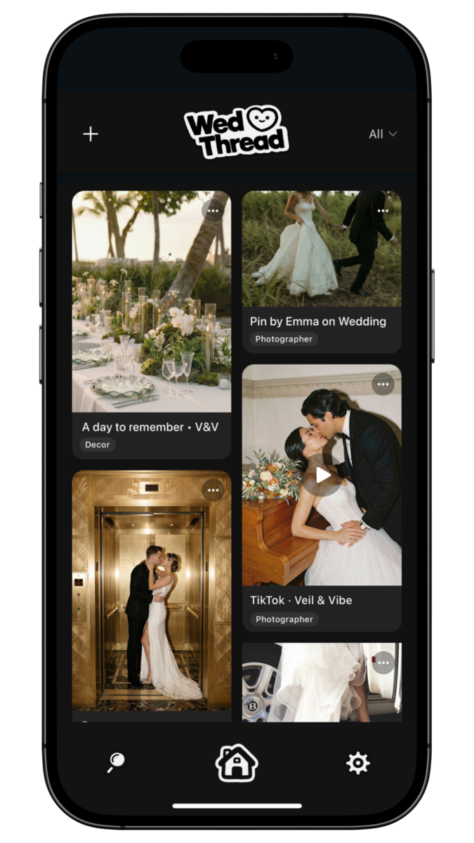 Screenshot of WedThread app feed with saved wedding inspiration