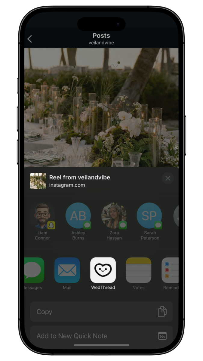 Screenshot showing iOS share sheet with WedThread option